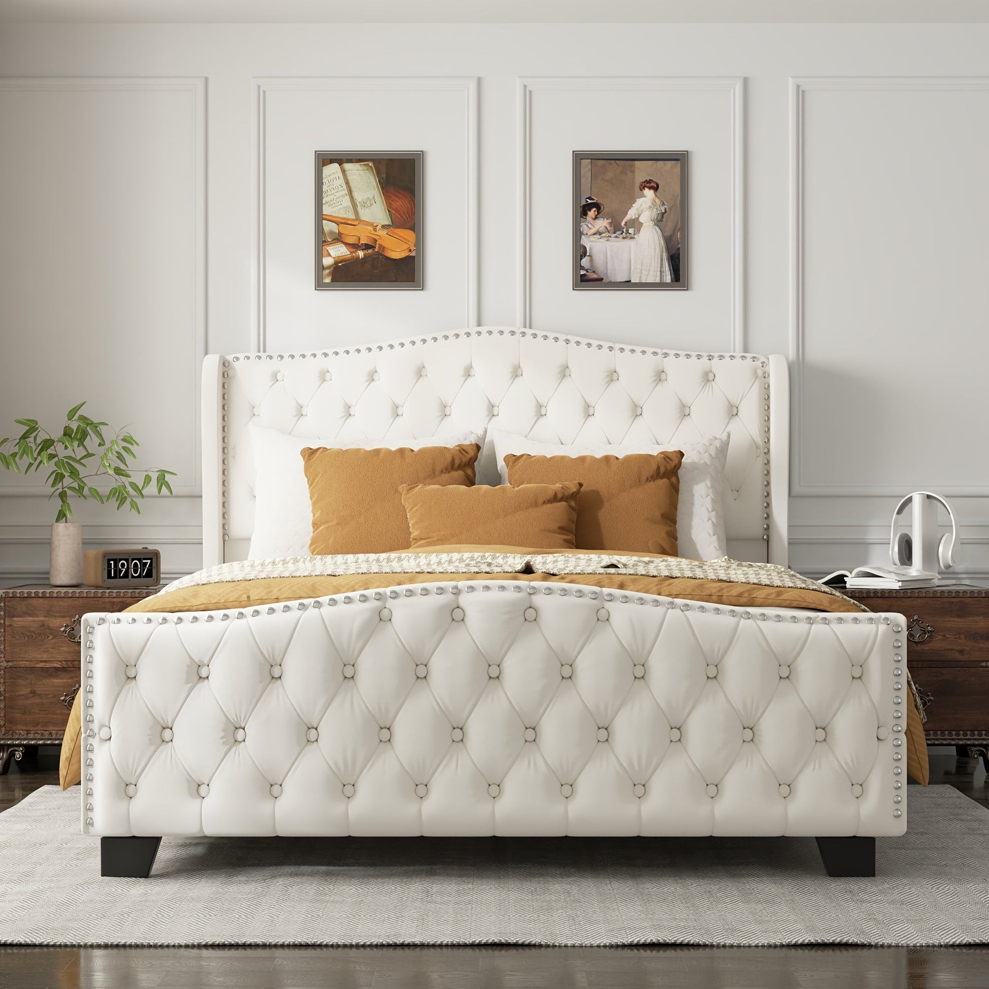 Queen King Size Platform Bed Frame with 51-inch Tall Camelback Headboard & Wingback, Deep Button Tufted Footboard with Nailhead Trim, No Box Spring Needed, Cream