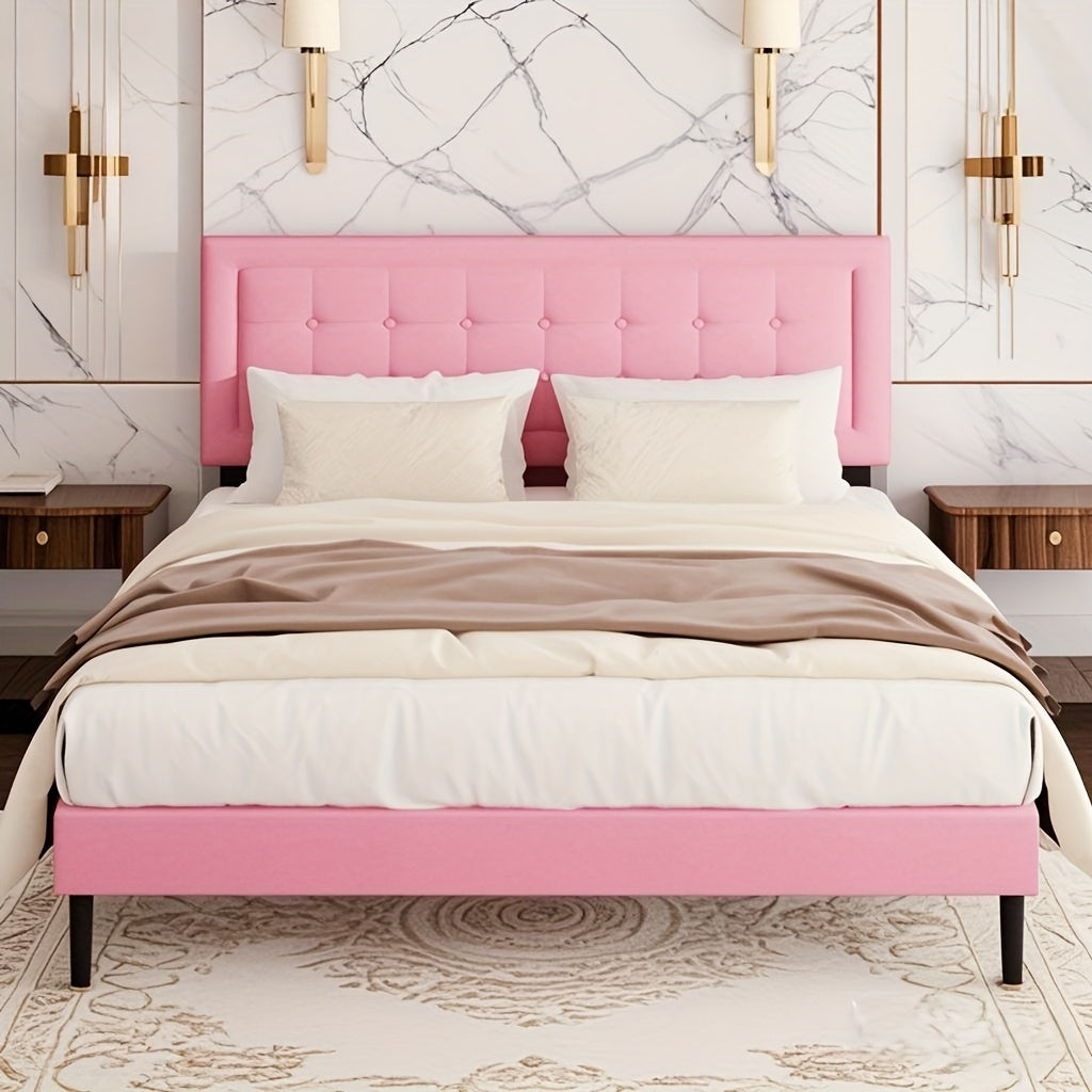 King Bed Frame Pink With Upholstered Headboard, Button Tufted Design, Wood Slats Support, No Box Spring Needed, Noise Free, Easy Assembly, Pink