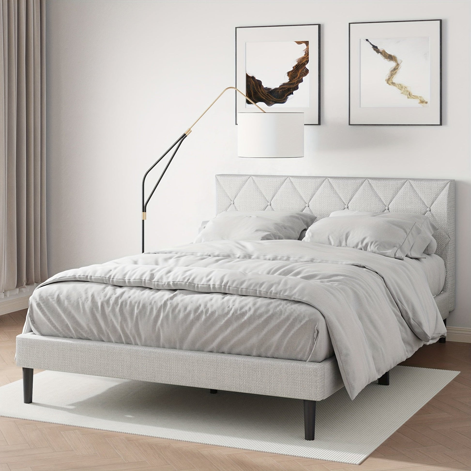 Queen Size Bed Frame, Upholstered Platform Bed Frame with Button Tufted Headboard, Mattress Foundation, Wooden Slats Support, No Box Spring Needed, Super Easy Assembly, Black