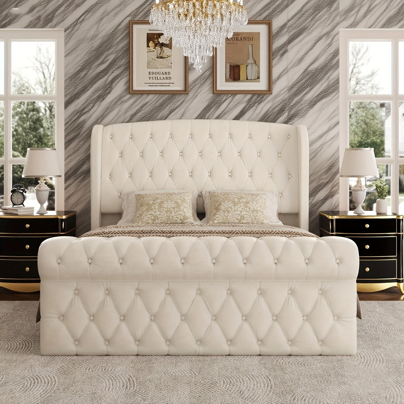 Queen/King Size Chenille Upholstered Sleigh Bed Frame with Scroll Wingback Headboard & Footboard, Button Tufted Design, Hardwood & Metal Frame, No Box Spring Required, Gray Modern Luxury Bedroom Furniture, Luxury Bedding Solution, Sophisticated Touch, Tuf