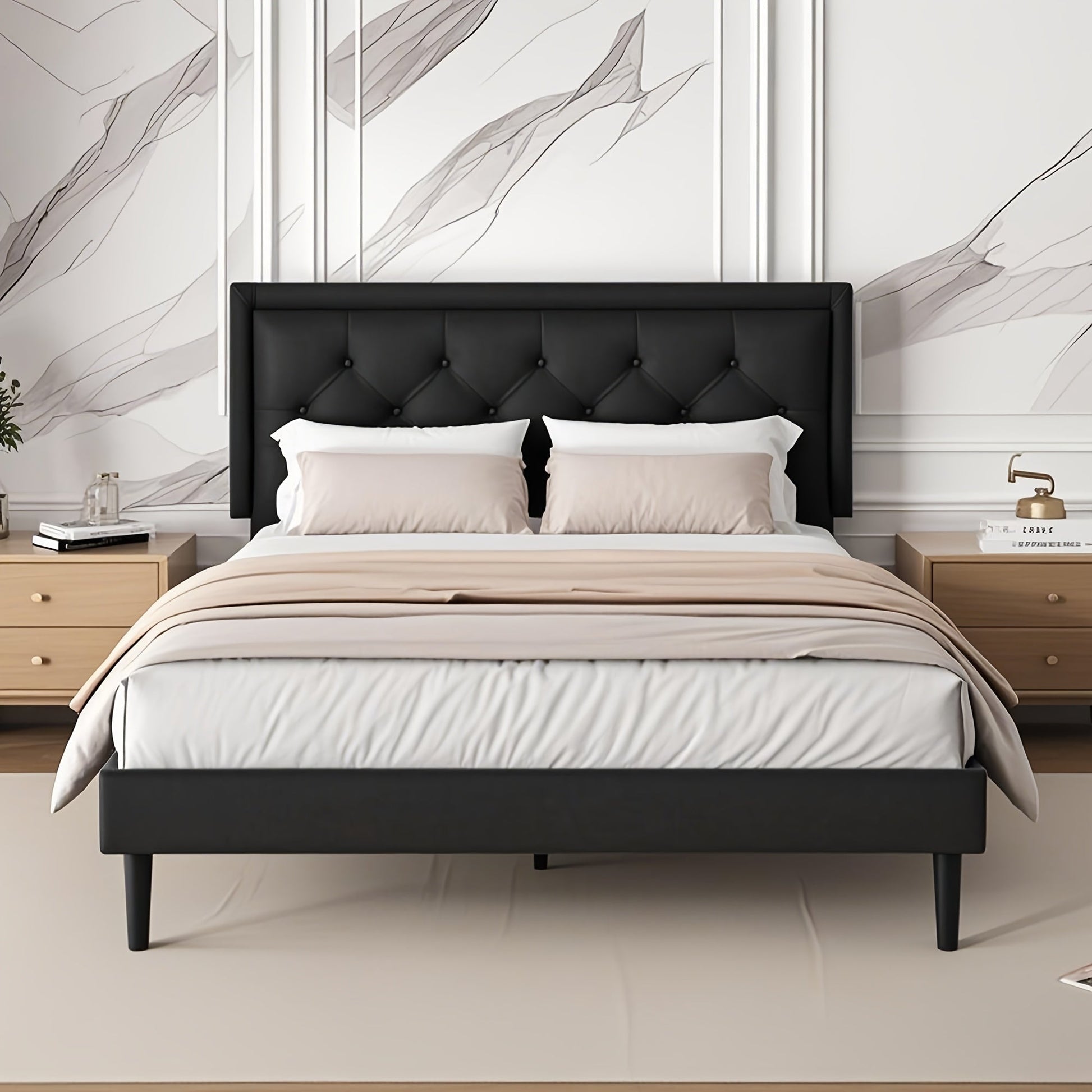 Queen Size Platform Bed Frame With Upholstered Velvet Button Tufted Headboard, Mattress Foundation With Wooden Slat Support, No Box Spring Needed, Easy Assembly, Noise Free, Black