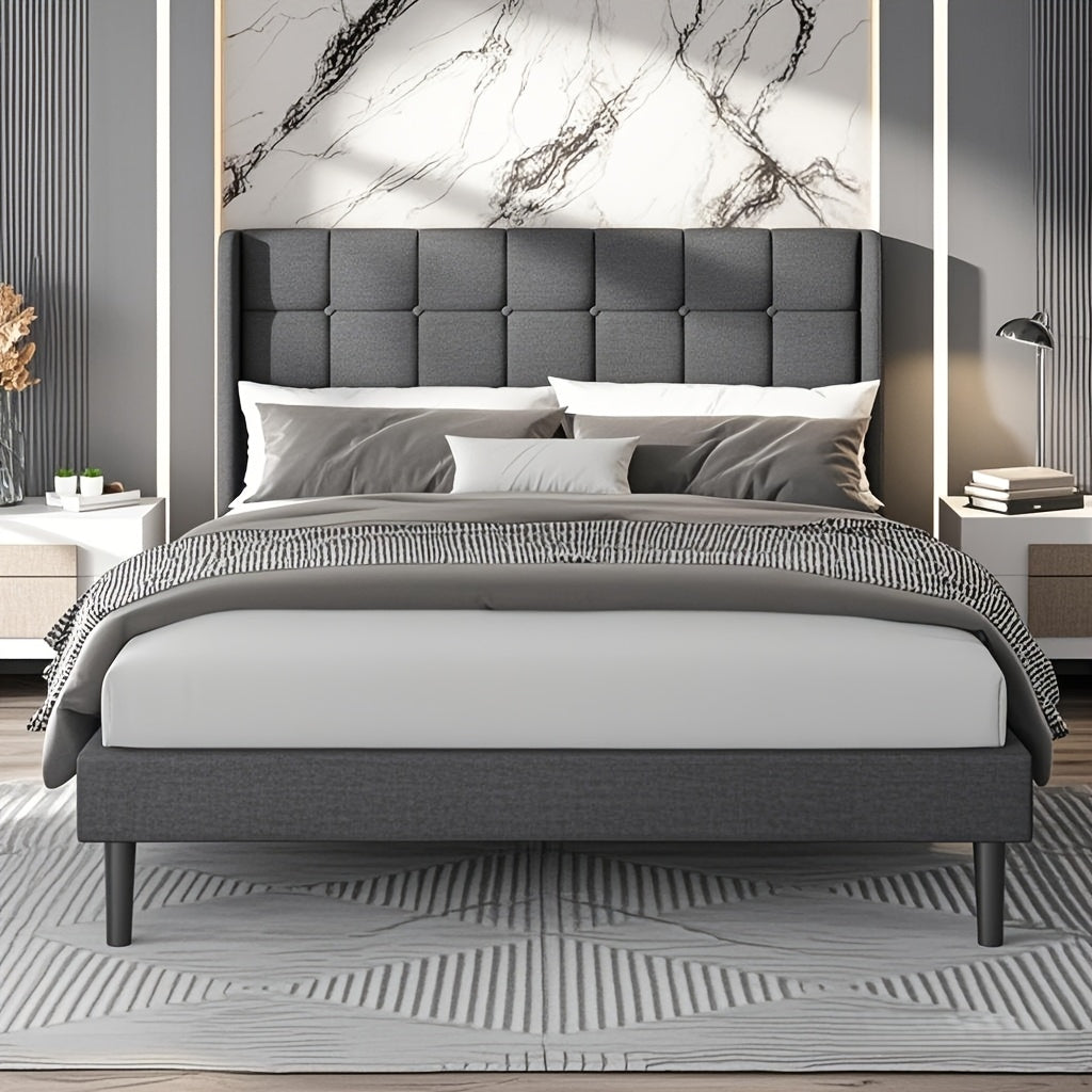 Queen Full Size Bed Frame With Upholstered Headboard, Wingback Bed Frame Full, No Box Spring Needed, Noise Free, Easy Assembly, Dark Grey