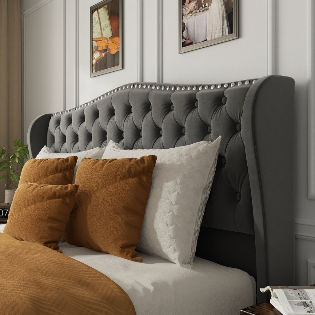 Queen King Size Platform Bed Frame with 51-inch Tall Camelback Headboard & Wingback, Deep Button Tufted Footboard with Nailhead Trim, No Box Spring Needed, Cream