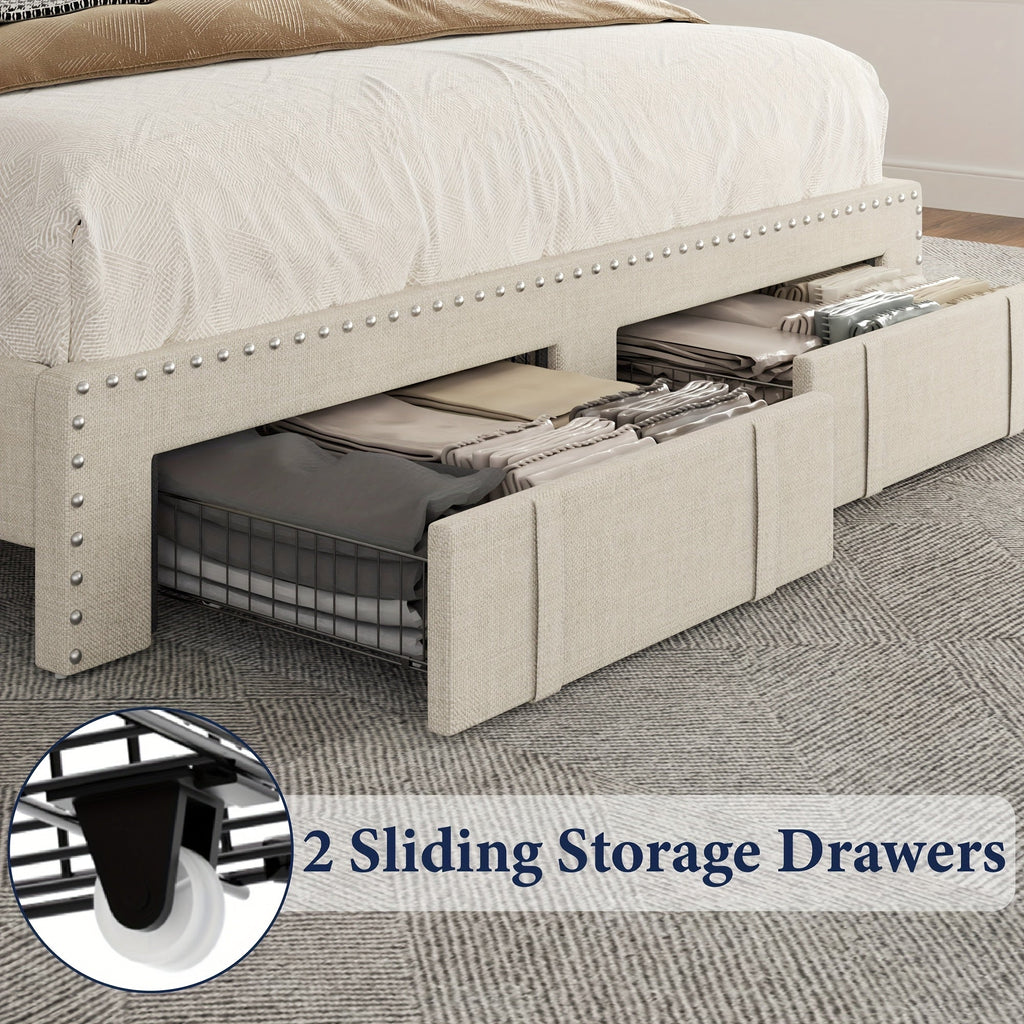Queen Size Bed Full Wood King Bed Frame With 52" Tall Storage Headboard And 4 Drawers, LED Light, Charging Station, Solid Wood Slats Support, Noiseless, No Box Spring Needed, Beige