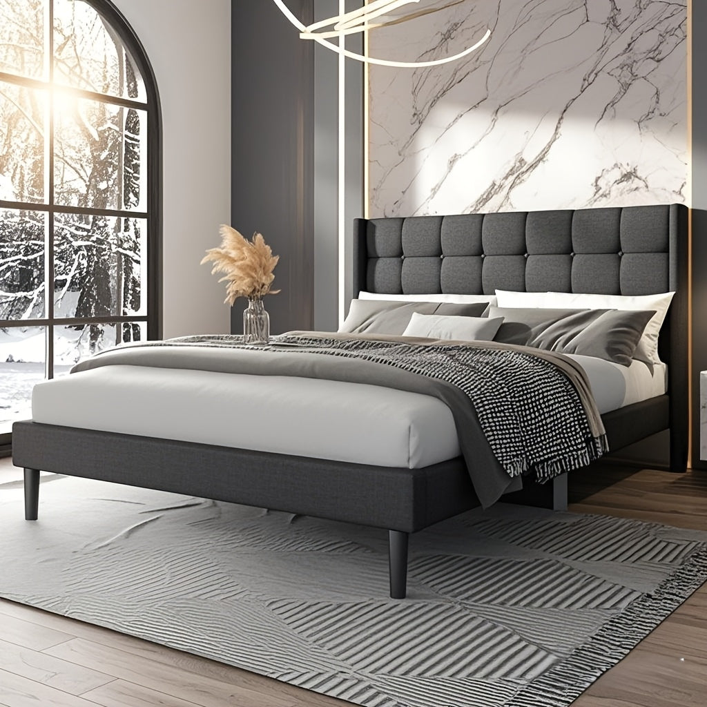 Queen Full Size Bed Frame With Upholstered Headboard, Wingback Bed Frame Full, No Box Spring Needed, Noise Free, Easy Assembly, Dark Grey