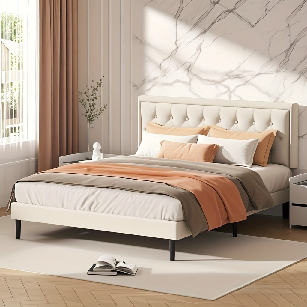 King Bed Frame With Velvet Headboard, Wooden Slat Support, Mattress Foundation, No Box Spring Needed, Easy Assembly, Beige