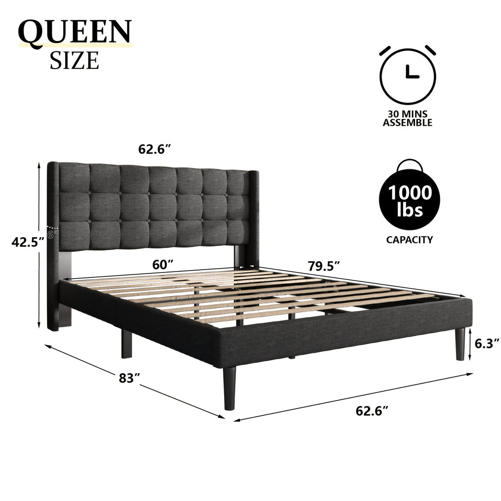 Queen Full Size Bed Frame With Upholstered Headboard, Wingback Bed Frame Full, No Box Spring Needed, Noise Free, Easy Assembly, Dark Grey