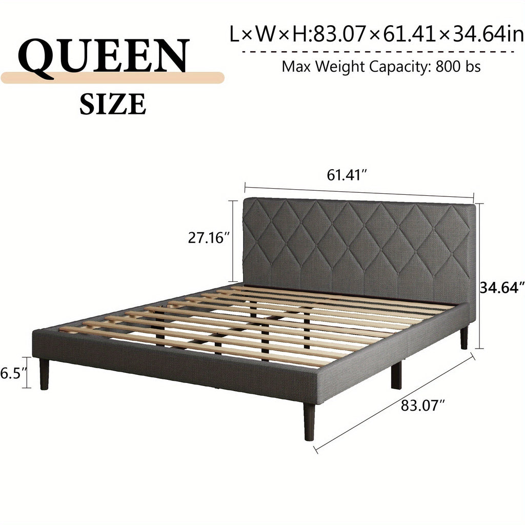Queen Size Bed Frame, Upholstered Platform Bed Frame with Button Tufted Headboard, Mattress Foundation, Wooden Slats Support, No Box Spring Needed, Super Easy Assembly, Black