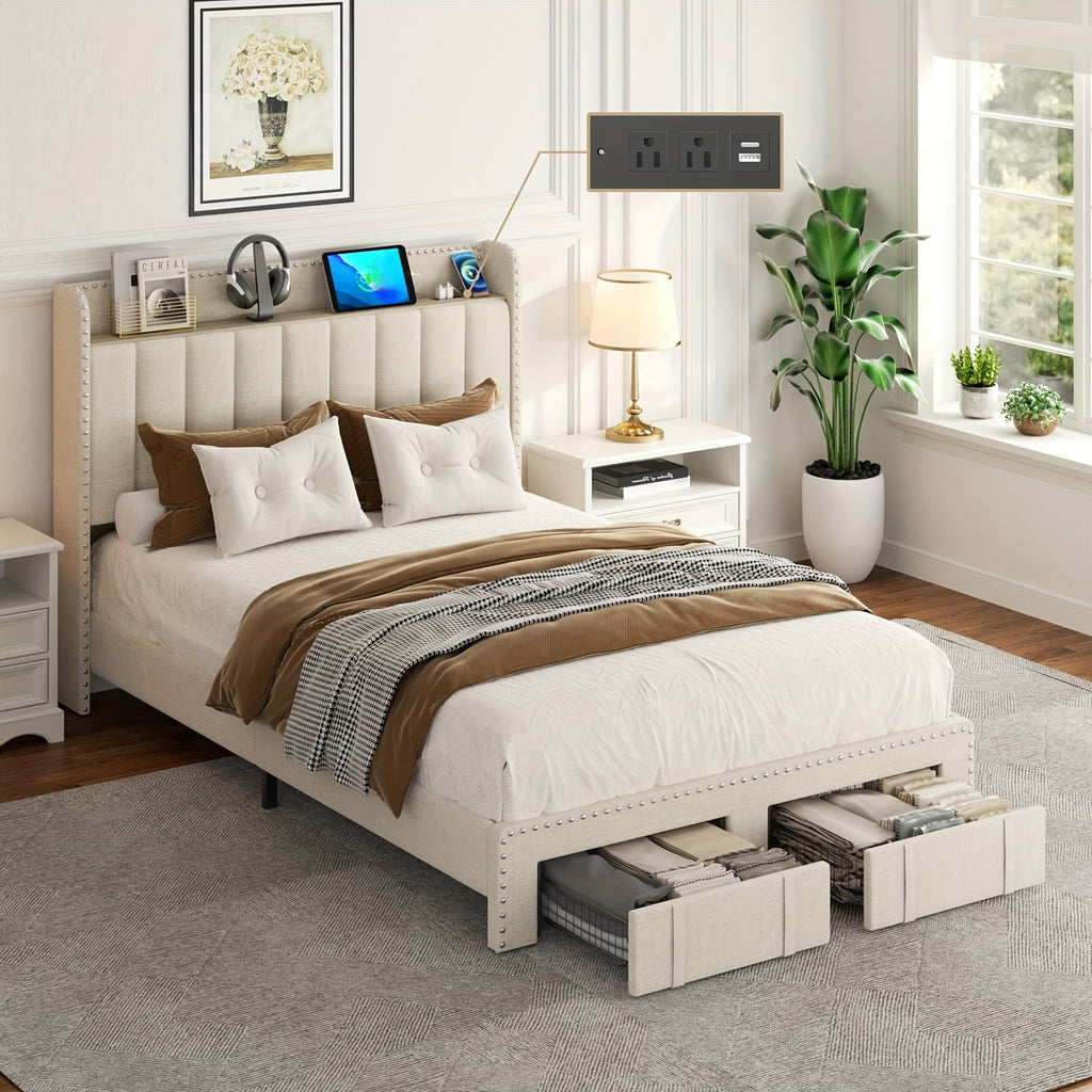 Queen Size Bed Full Wood King Bed Frame With 52" Tall Storage Headboard And 4 Drawers, LED Light, Charging Station, Solid Wood Slats Support, Noiseless, No Box Spring Needed, Beige