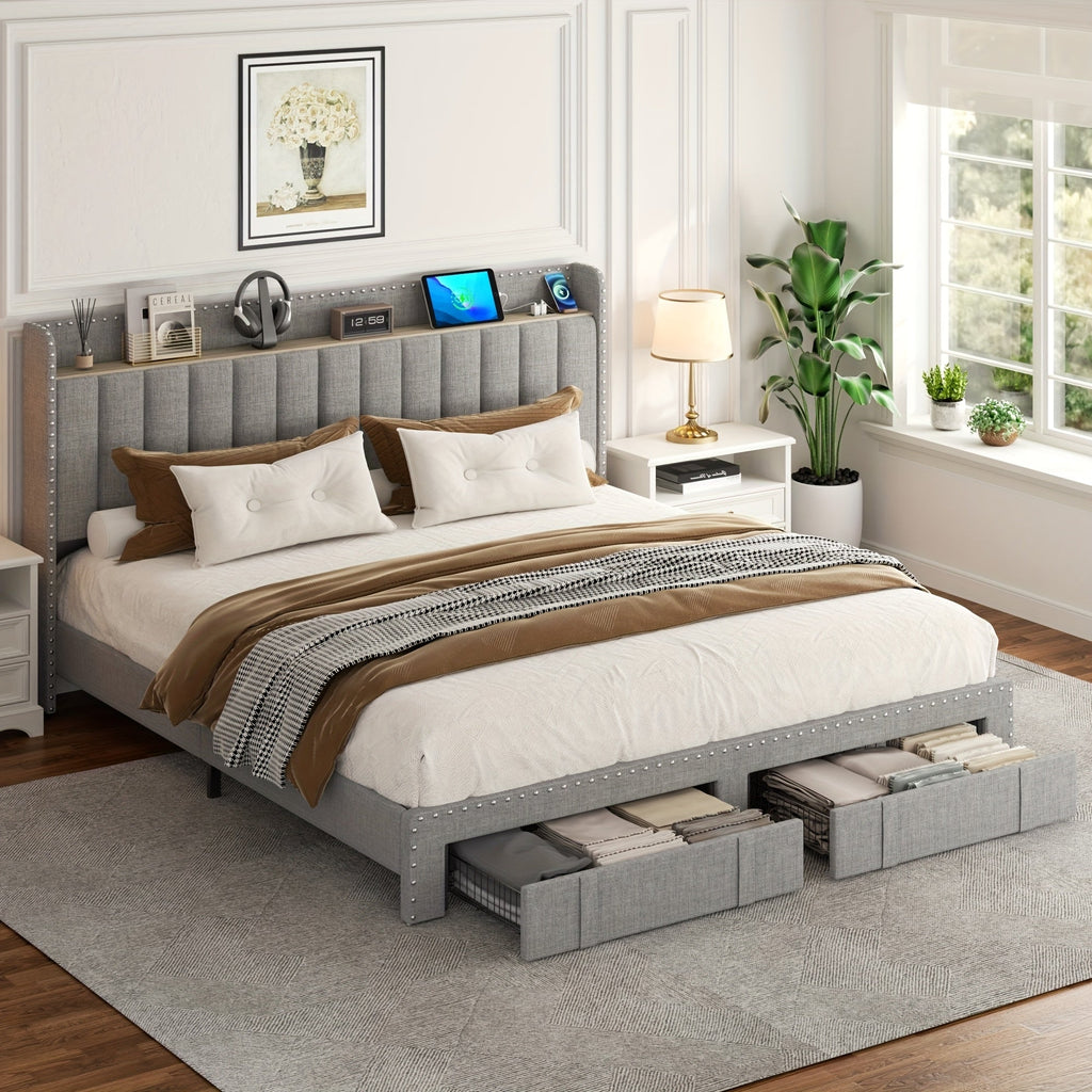 Queen Size Bed Full Wood King Bed Frame With 52" Tall Storage Headboard And 4 Drawers, LED Light, Charging Station, Solid Wood Slats Support, Noiseless, No Box Spring Needed, Beige