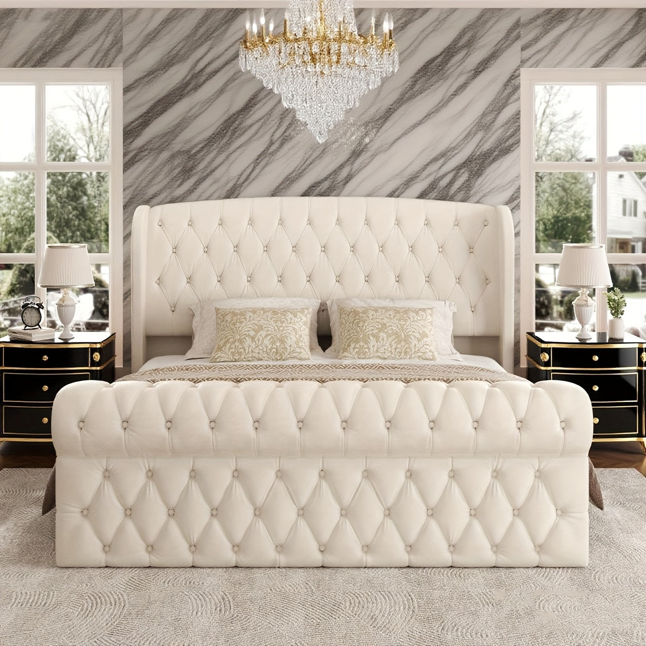 Queen/King Size Chenille Upholstered Sleigh Bed Frame with Scroll Wingback Headboard & Footboard, Button Tufted Design, Hardwood & Metal Frame, No Box Spring Required, Gray Modern Luxury Bedroom Furniture, Luxury Bedding Solution, Sophisticated Touch, Tuf
