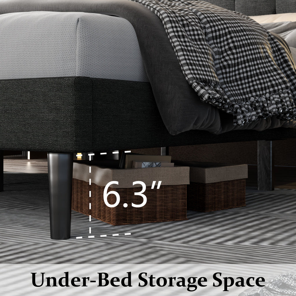 Queen Full Size Bed Frame With Upholstered Headboard, Wingback Bed Frame Full, No Box Spring Needed, Noise Free, Easy Assembly, Dark Grey