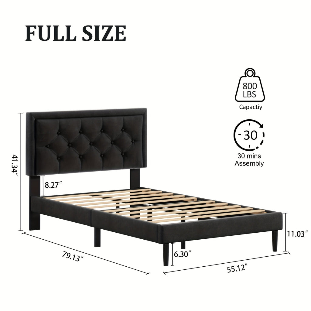 Full Size Platform Bed Frame With Upholstered Velvet Button Tufted Headboard, Mattress Foundation With Wooden Slat Support, No Box Spring Needed, Easy Assembly, Noise Free, Black