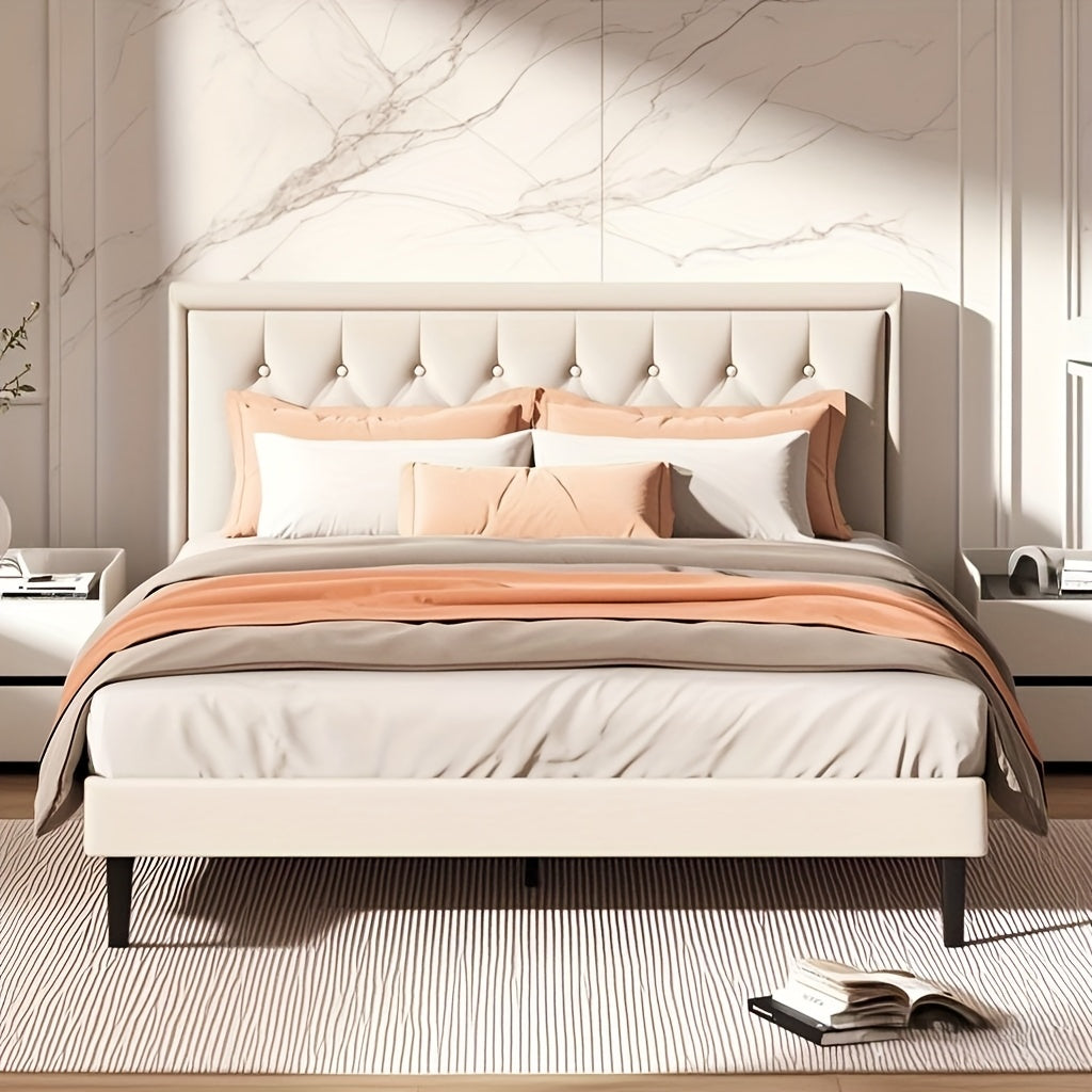 King Bed Frame With Velvet Headboard, Wooden Slat Support, Mattress Foundation, No Box Spring Needed, Easy Assembly, Beige