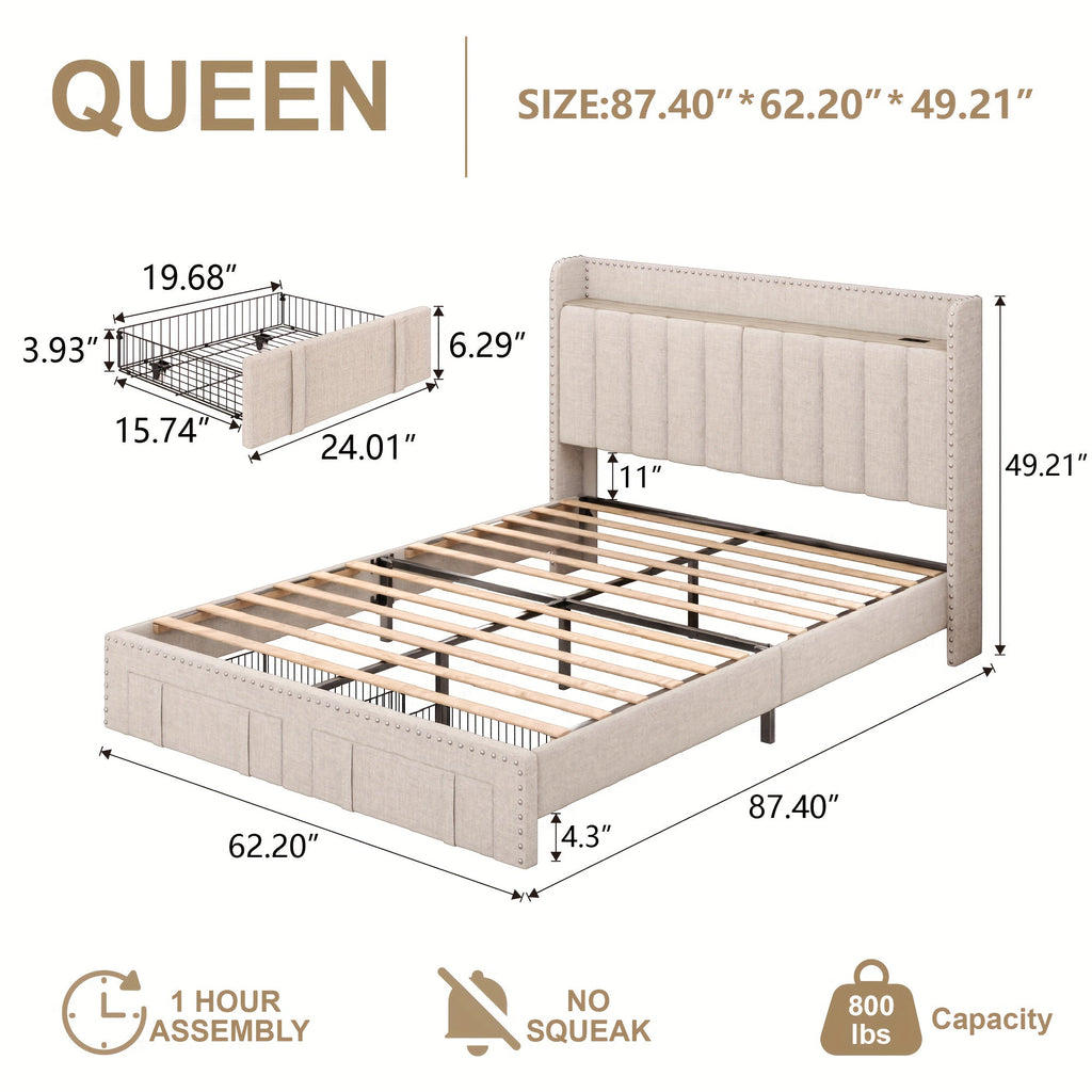 Queen Size Bed Full Wood King Bed Frame With 52" Tall Storage Headboard And 4 Drawers, LED Light, Charging Station, Solid Wood Slats Support, Noiseless, No Box Spring Needed, Beige