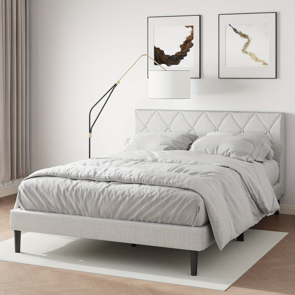 Queen Size Bed Frame, Upholstered Platform Bed Frame with Button Tufted Headboard, Mattress Foundation, Wooden Slats Support, No Box Spring Needed, Super Easy Assembly, Black