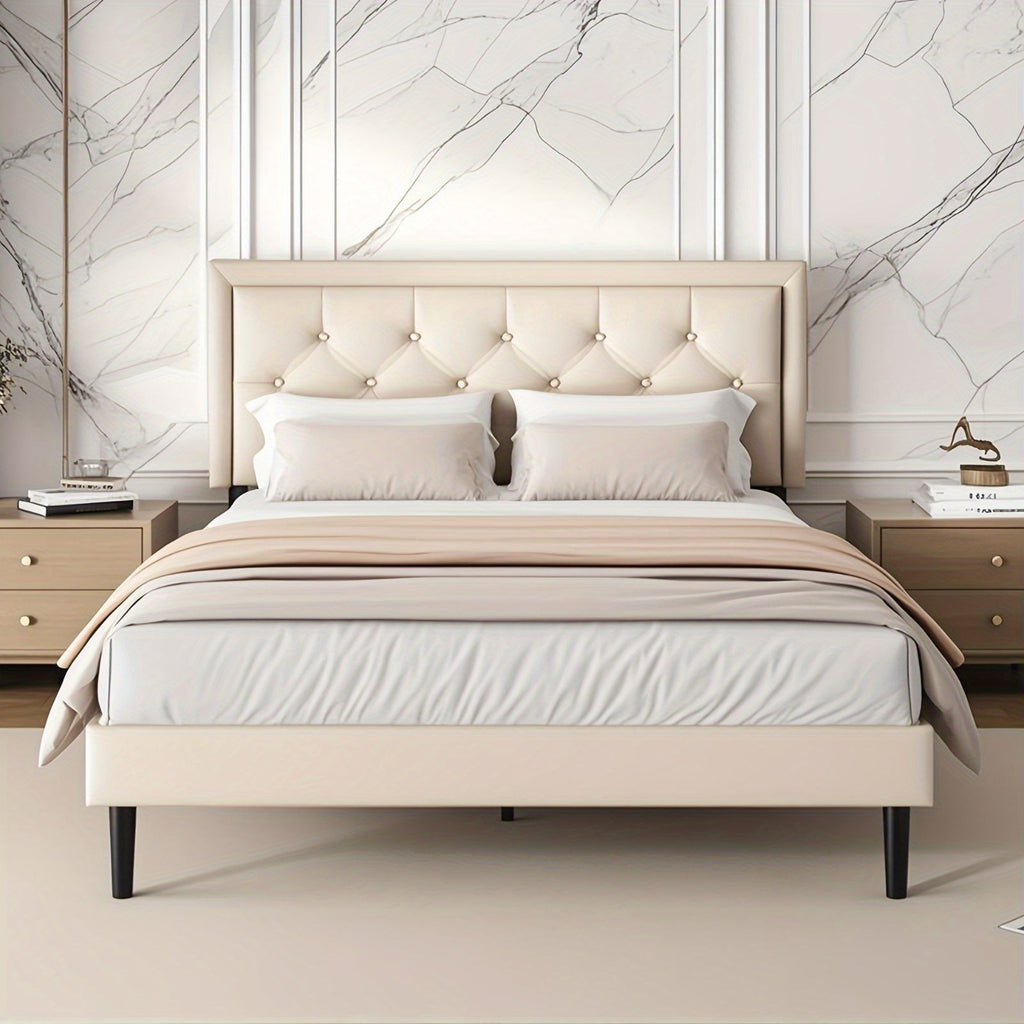 Full Size Platform Bed Frame With Upholstered Velvet Button Tufted Headboard, Mattress Foundation With Wooden Slat Support, No Box Spring Needed, Easy Assembly, Noise Free, Black