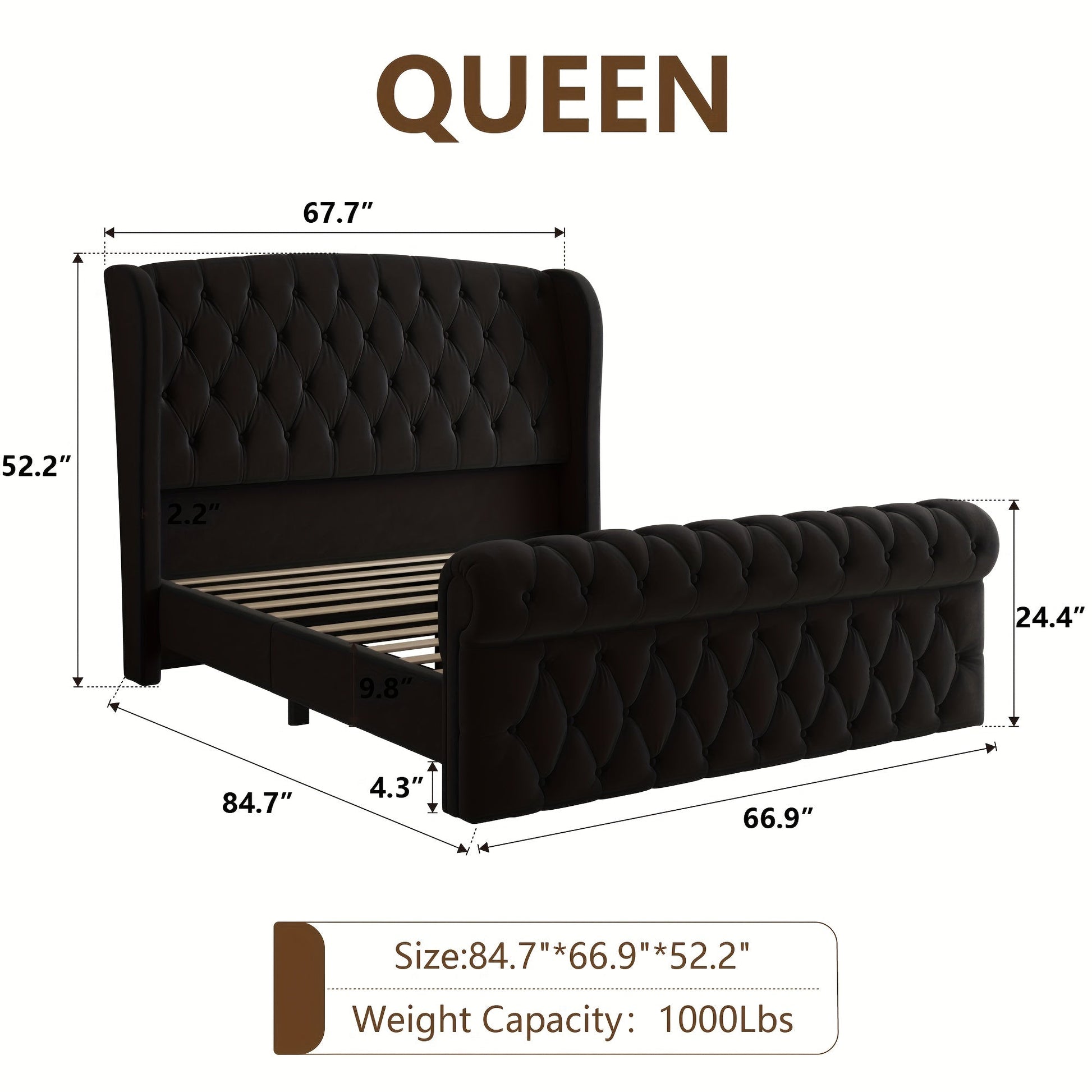Queen/King Size Chenille Upholstered Sleigh Bed Frame with Scroll Wingback Headboard & Footboard, Button Tufted Design, Hardwood & Metal Frame, No Box Spring Required, Gray Modern Luxury Bedroom Furniture, Luxury Bedding Solution, Sophisticated Touch, Tuf