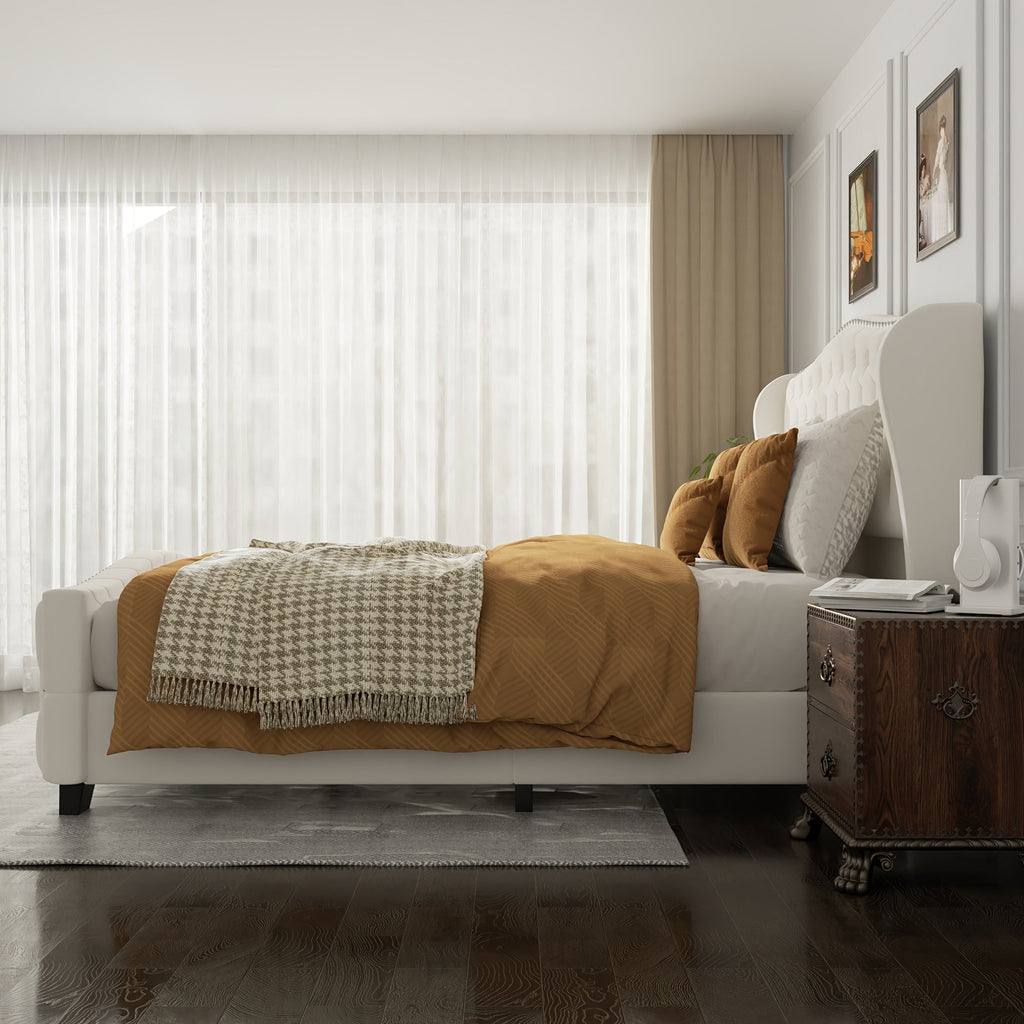 Queen King Size Platform Bed Frame with 51-inch Tall Camelback Headboard & Wingback, Deep Button Tufted Footboard with Nailhead Trim, No Box Spring Needed, Cream