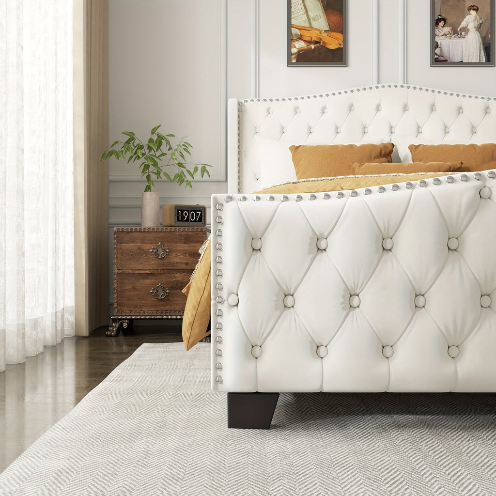 Queen King Size Platform Bed Frame with 51-inch Tall Camelback Headboard & Wingback, Deep Button Tufted Footboard with Nailhead Trim, No Box Spring Needed, Cream