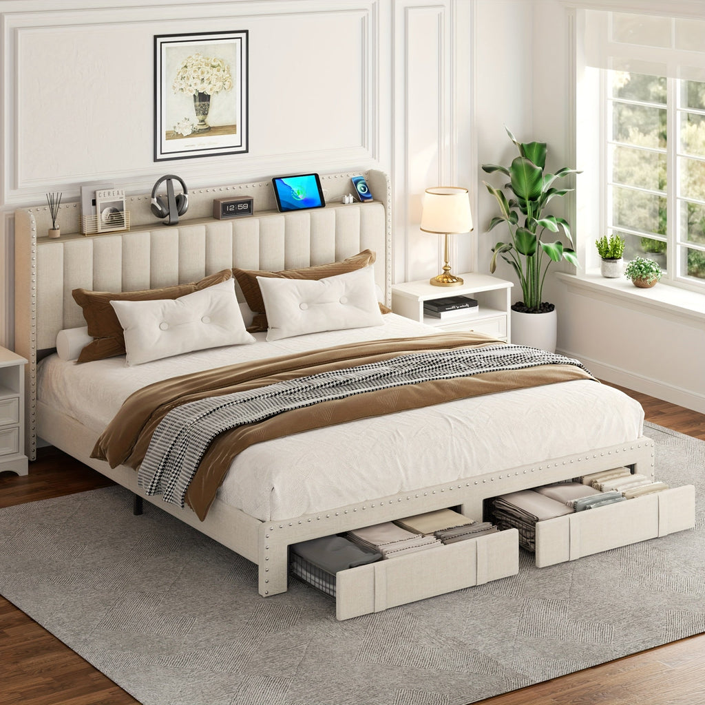 Queen Size Bed Full Wood King Bed Frame With 52" Tall Storage Headboard And 4 Drawers, LED Light, Charging Station, Solid Wood Slats Support, Noiseless, No Box Spring Needed, Beige