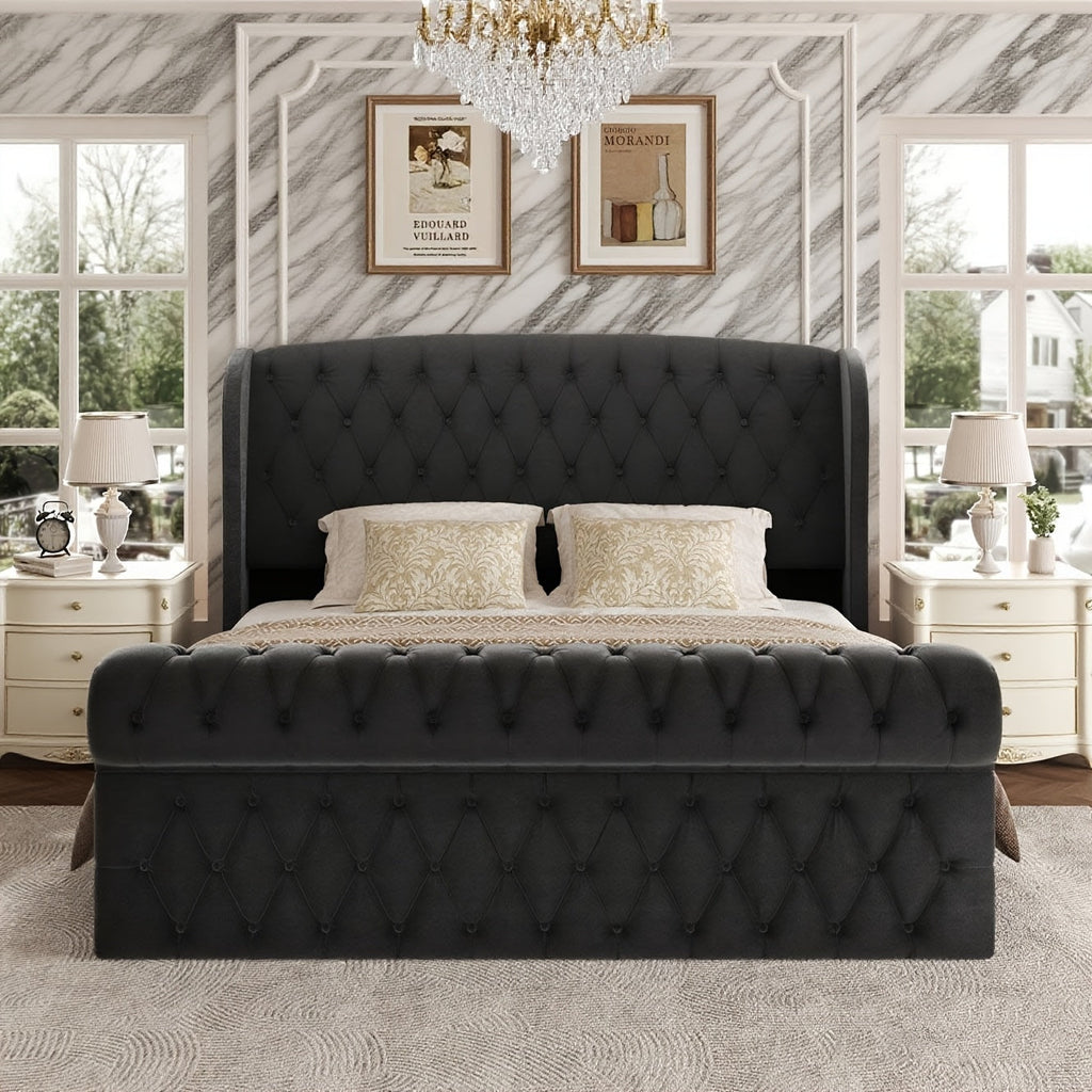 Queen/King Size Chenille Upholstered Sleigh Bed Frame with Scroll Wingback Headboard & Footboard, Button Tufted Design, Hardwood & Metal Frame, No Box Spring Required, Gray Modern Luxury Bedroom Furniture, Luxury Bedding Solution, Sophisticated Touch, Tuf