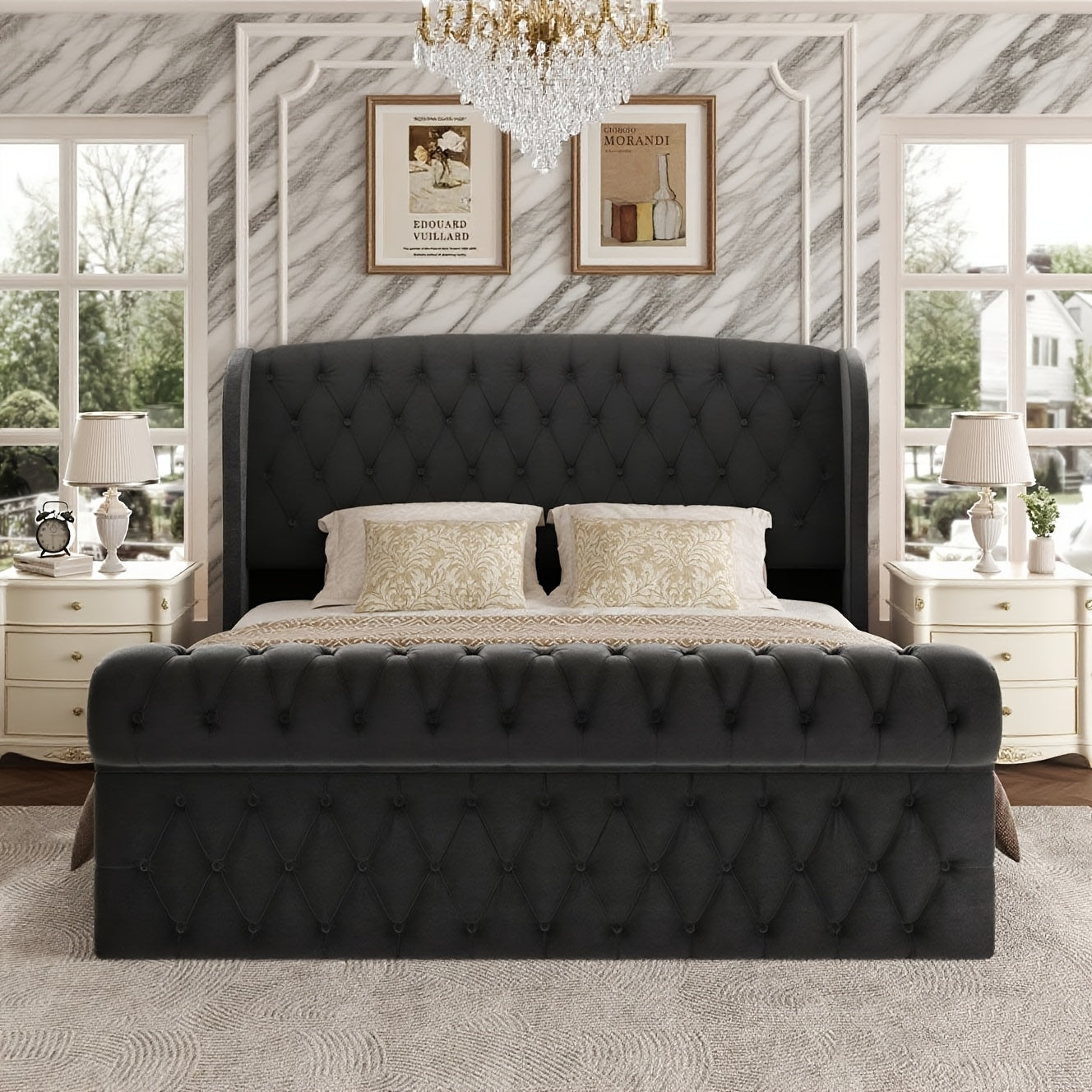 Queen/King Size Chenille Upholstered Sleigh Bed Frame with Scroll Wingback Headboard & Footboard, Button Tufted Design, Hardwood & Metal Frame, No Box Spring Required, Gray Modern Luxury Bedroom Furniture, Luxury Bedding Solution, Sophisticated Touch, Tuf