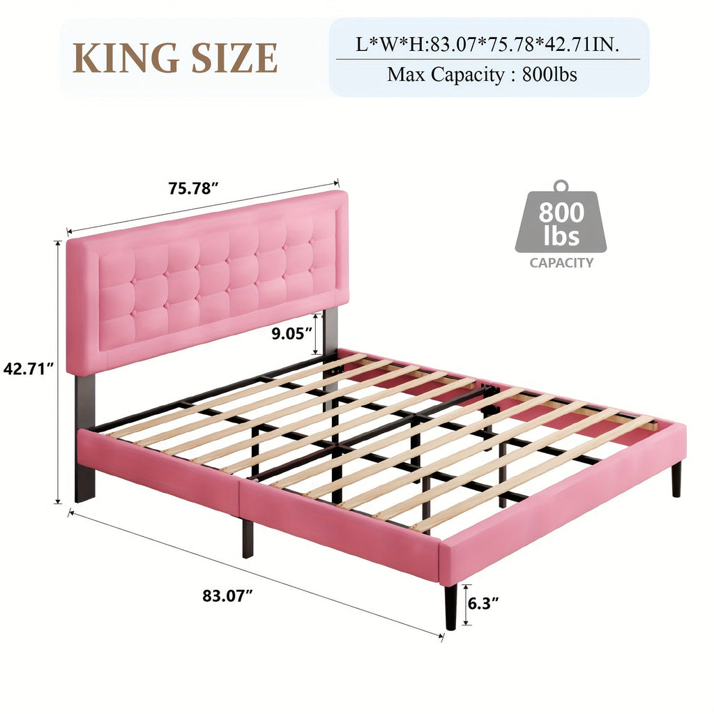 King Bed Frame Pink With Upholstered Headboard, Button Tufted Design, Wood Slats Support, No Box Spring Needed, Noise Free, Easy Assembly, Pink
