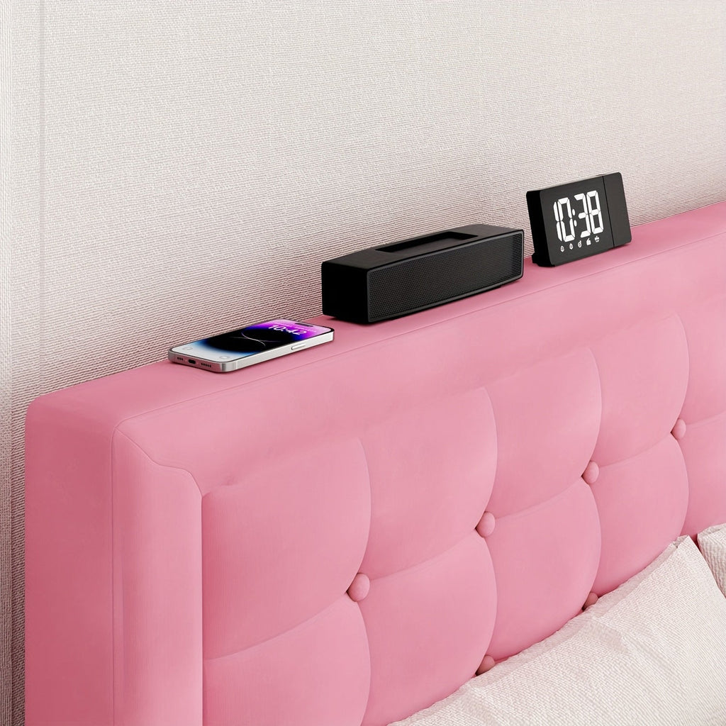 King Bed Frame Pink With Upholstered Headboard, Button Tufted Design, Wood Slats Support, No Box Spring Needed, Noise Free, Easy Assembly, Pink