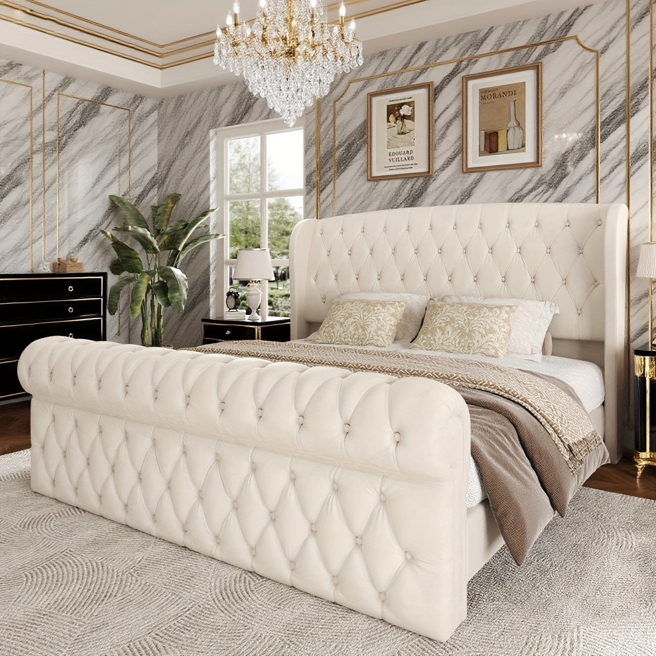Queen/King Size Chenille Upholstered Sleigh Bed Frame with Scroll Wingback Headboard & Footboard, Button Tufted Design, Hardwood & Metal Frame, No Box Spring Required, Gray Modern Luxury Bedroom Furniture, Luxury Bedding Solution, Sophisticated Touch, Tuf