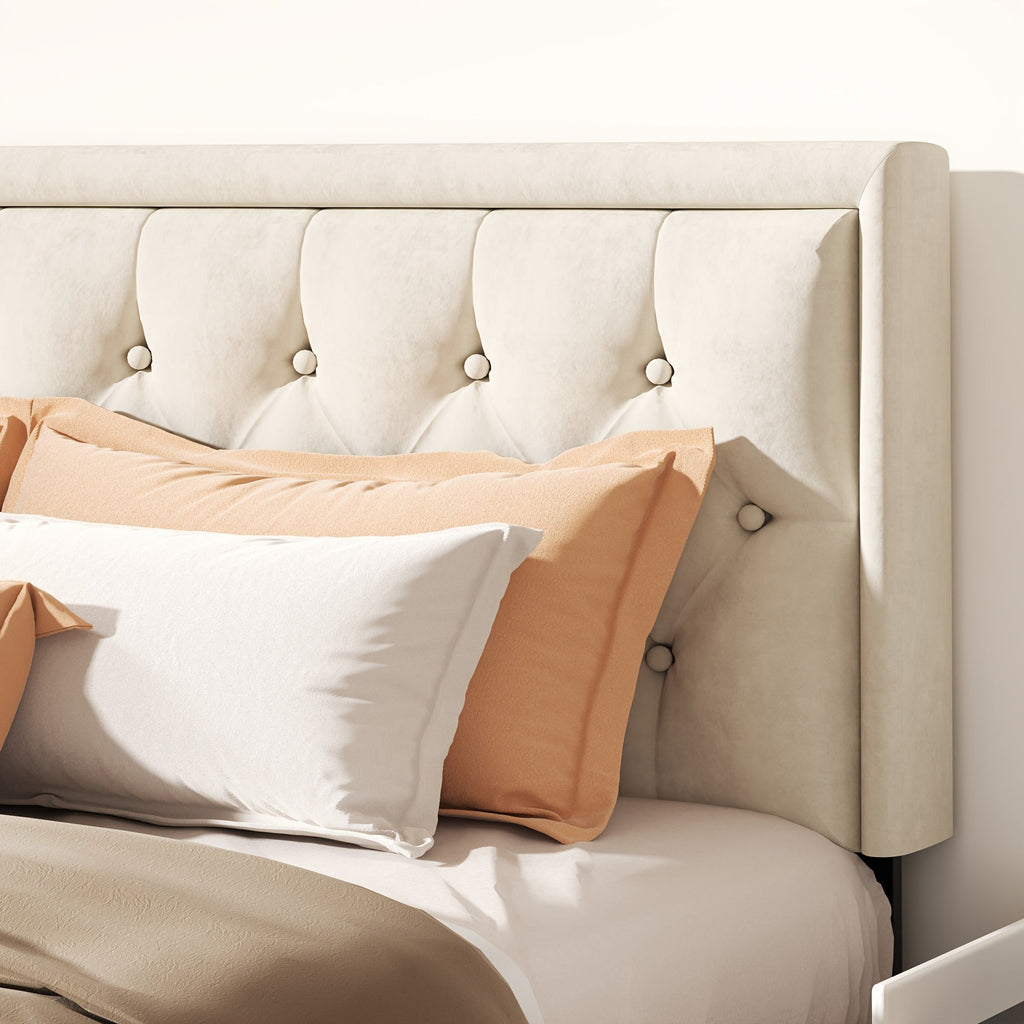 King Bed Frame With Velvet Headboard, Wooden Slat Support, Mattress Foundation, No Box Spring Needed, Easy Assembly, Beige