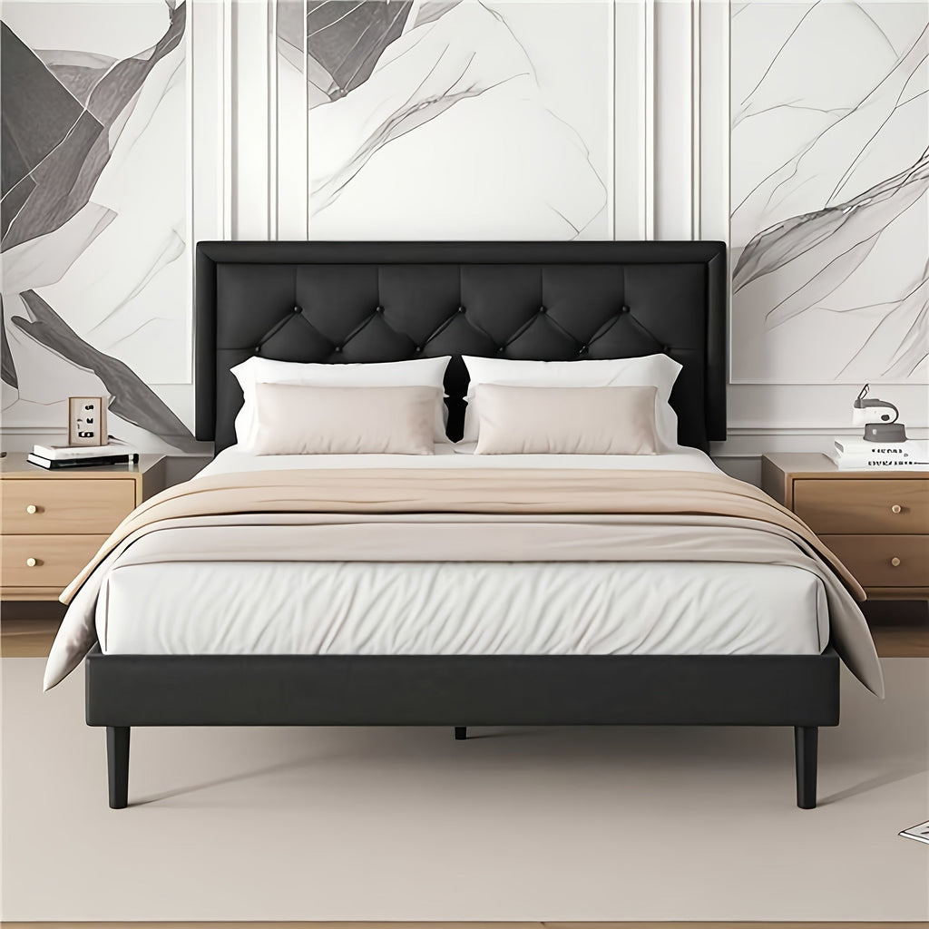 Full Size Platform Bed Frame With Upholstered Velvet Button Tufted Headboard, Mattress Foundation With Wooden Slat Support, No Box Spring Needed, Easy Assembly, Noise Free, Black