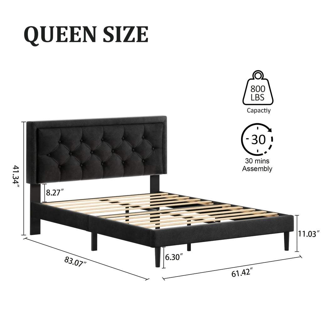 Queen Size Platform Bed Frame With Upholstered Velvet Button Tufted Headboard, Mattress Foundation With Wooden Slat Support, No Box Spring Needed, Easy Assembly, Noise Free, Black