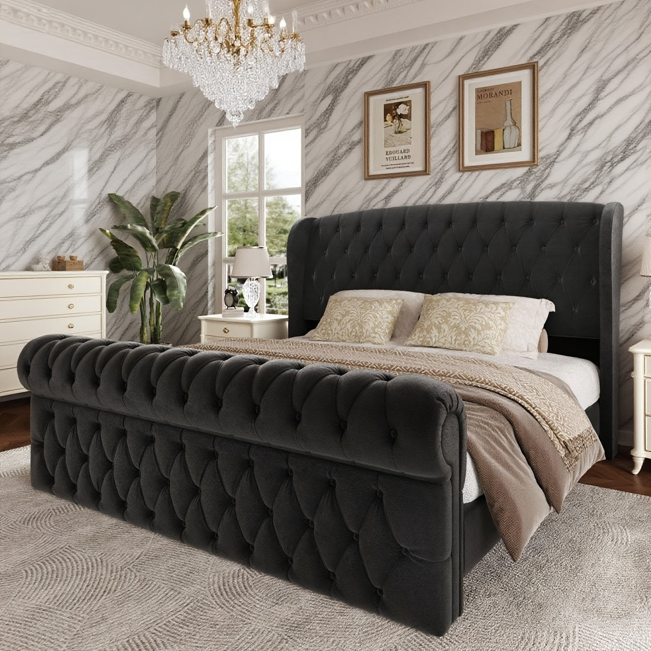 Queen/King Size Chenille Upholstered Sleigh Bed Frame with Scroll Wingback Headboard & Footboard, Button Tufted Design, Hardwood & Metal Frame, No Box Spring Required, Gray Modern Luxury Bedroom Furniture, Luxury Bedding Solution, Sophisticated Touch, Tuf