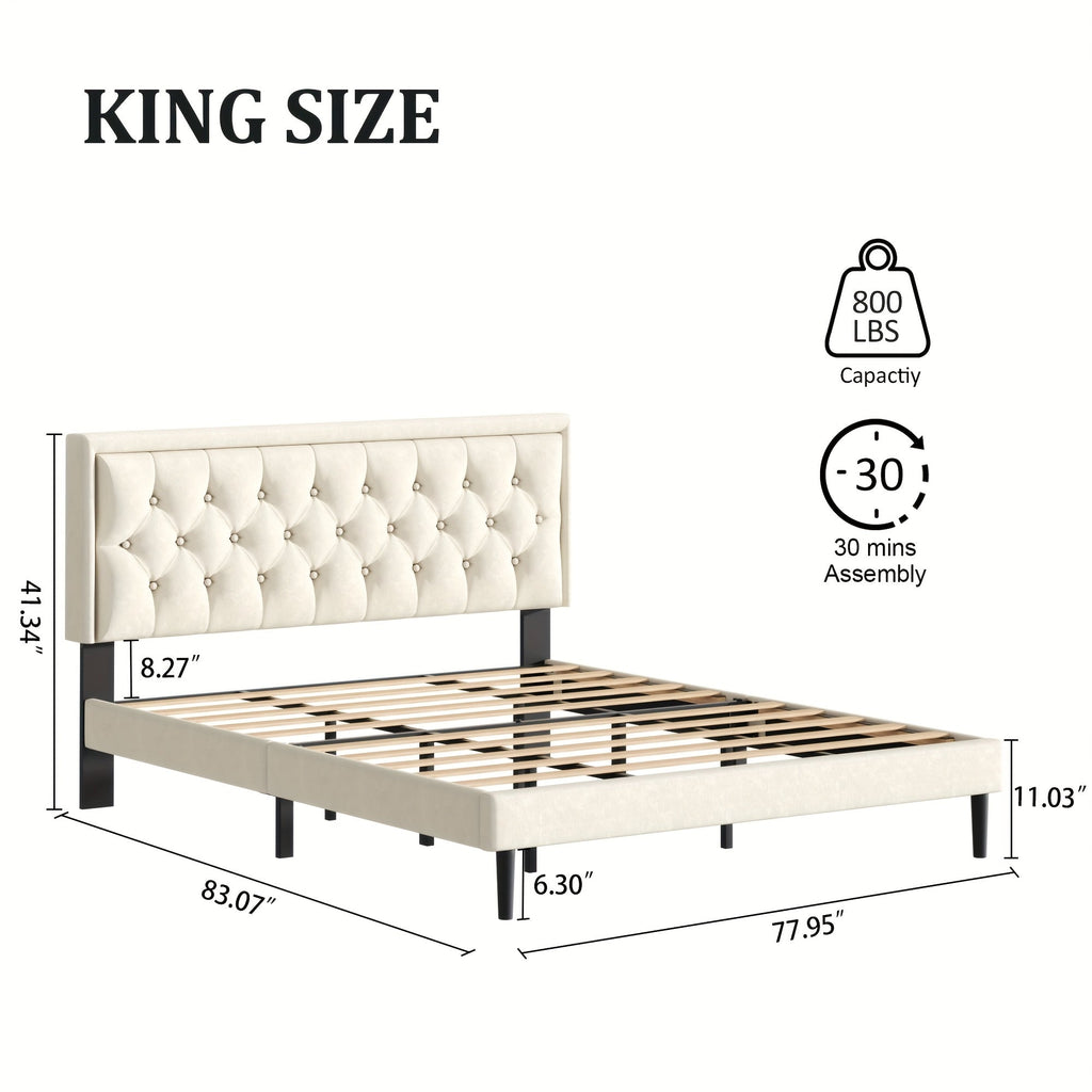 King Bed Frame With Velvet Headboard, Wooden Slat Support, Mattress Foundation, No Box Spring Needed, Easy Assembly, Beige