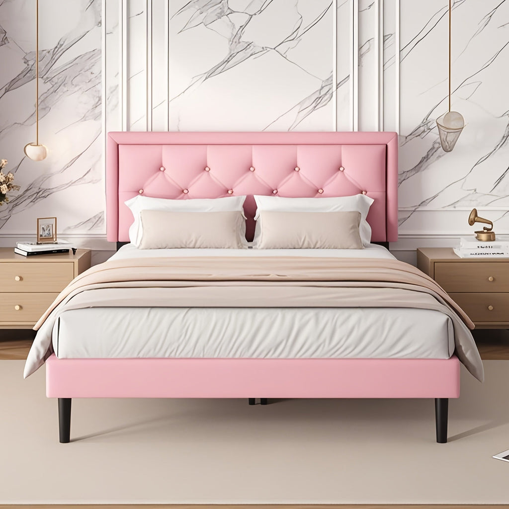 Queen Size Platform Bed Frame With Upholstered Velvet Button Tufted Headboard, Mattress Foundation With Wooden Slat Support, No Box Spring Needed, Easy Assembly, Noise Free, Black