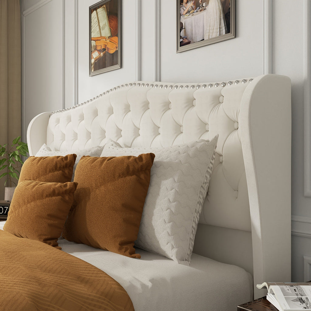 Queen King Size Platform Bed Frame with 51-inch Tall Camelback Headboard & Wingback, Deep Button Tufted Footboard with Nailhead Trim, No Box Spring Needed, Cream