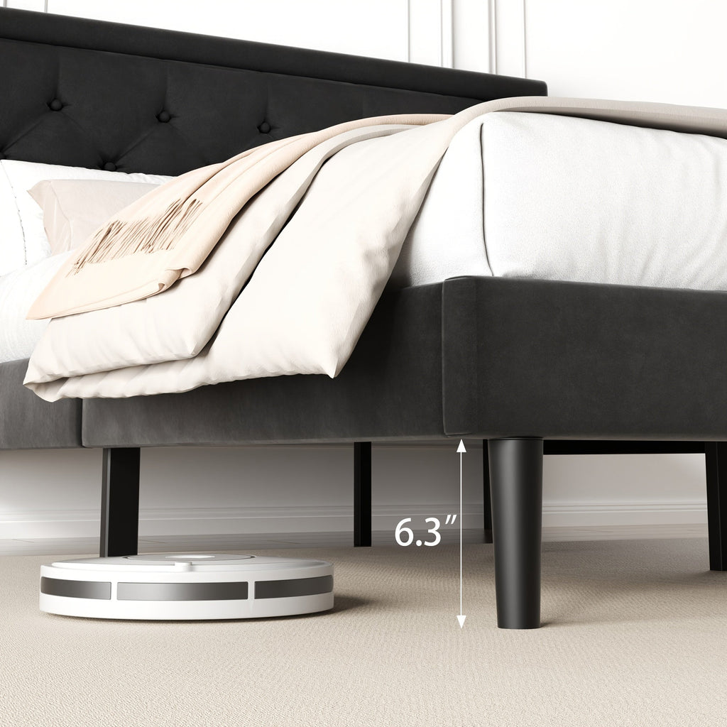Full Size Platform Bed Frame With Upholstered Velvet Button Tufted Headboard, Mattress Foundation With Wooden Slat Support, No Box Spring Needed, Easy Assembly, Noise Free, Black