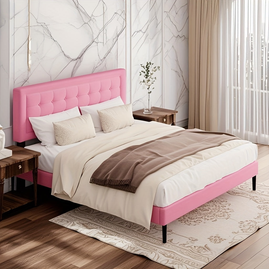 King Bed Frame Pink With Upholstered Headboard, Button Tufted Design, Wood Slats Support, No Box Spring Needed, Noise Free, Easy Assembly, Pink
